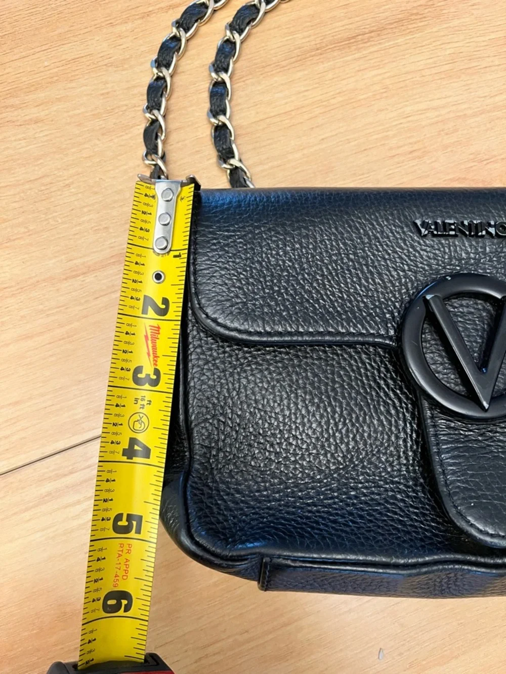 Valentino By Mario Valentino Black Pebbled Leather Shoulder Bag with Chain Strap - Picture 4 of 5